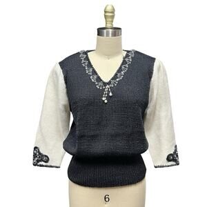 VTG 80s Rochelle Angora Sweater Beaded Sequin Collar Soft Fuzzy Black Cream Sz S